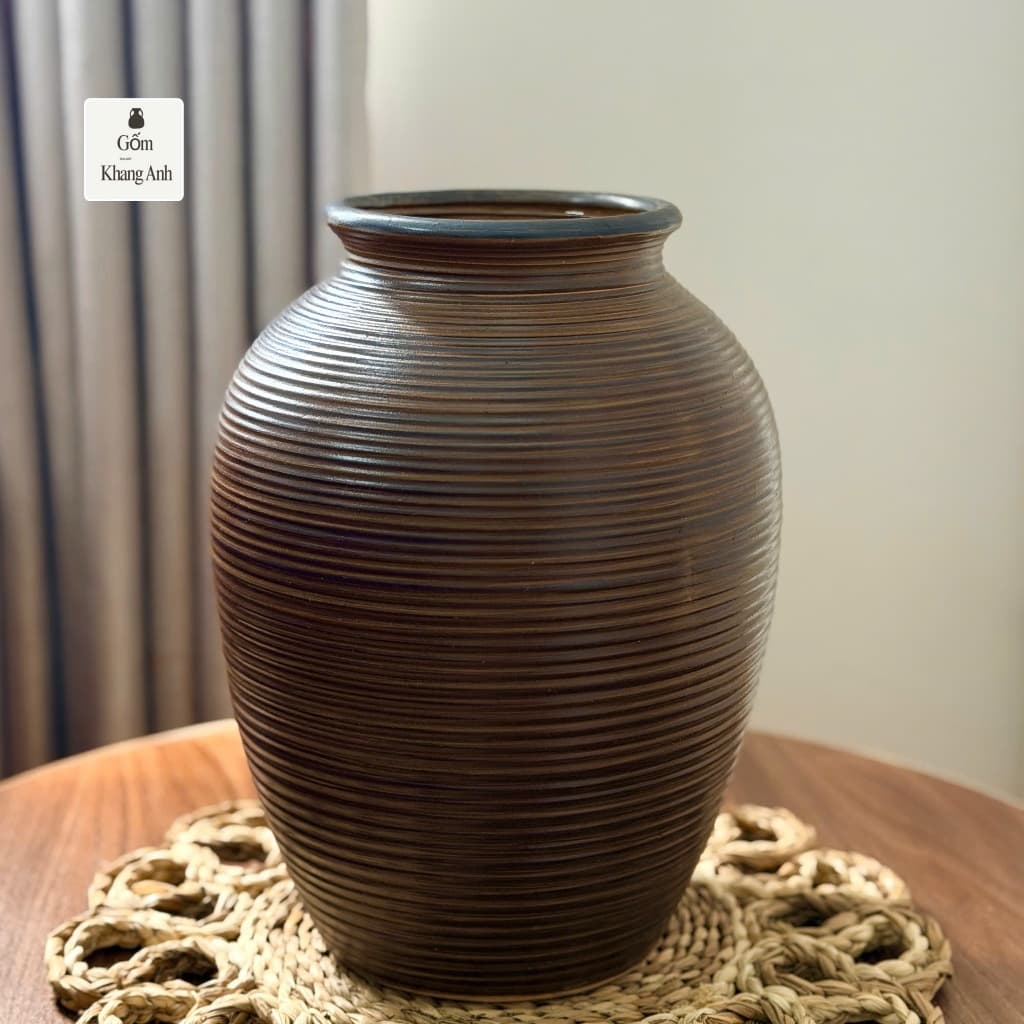 Bình hoa gốm sứ Bát Tràng cao 30cm màu ganh nâu mộc mạc, lọ cắm hoa decor trang trí nhà cửa