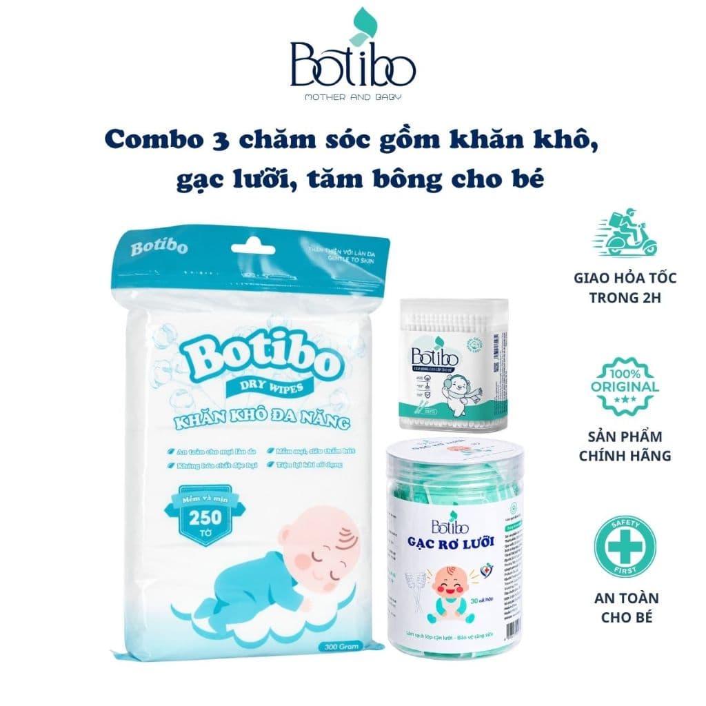 Combo Chăm Sóc Bé 3 Món - Rơ Lưỡi, Tăm Bông 200 Que, Khăn Khô Đa Năng Botibo kids