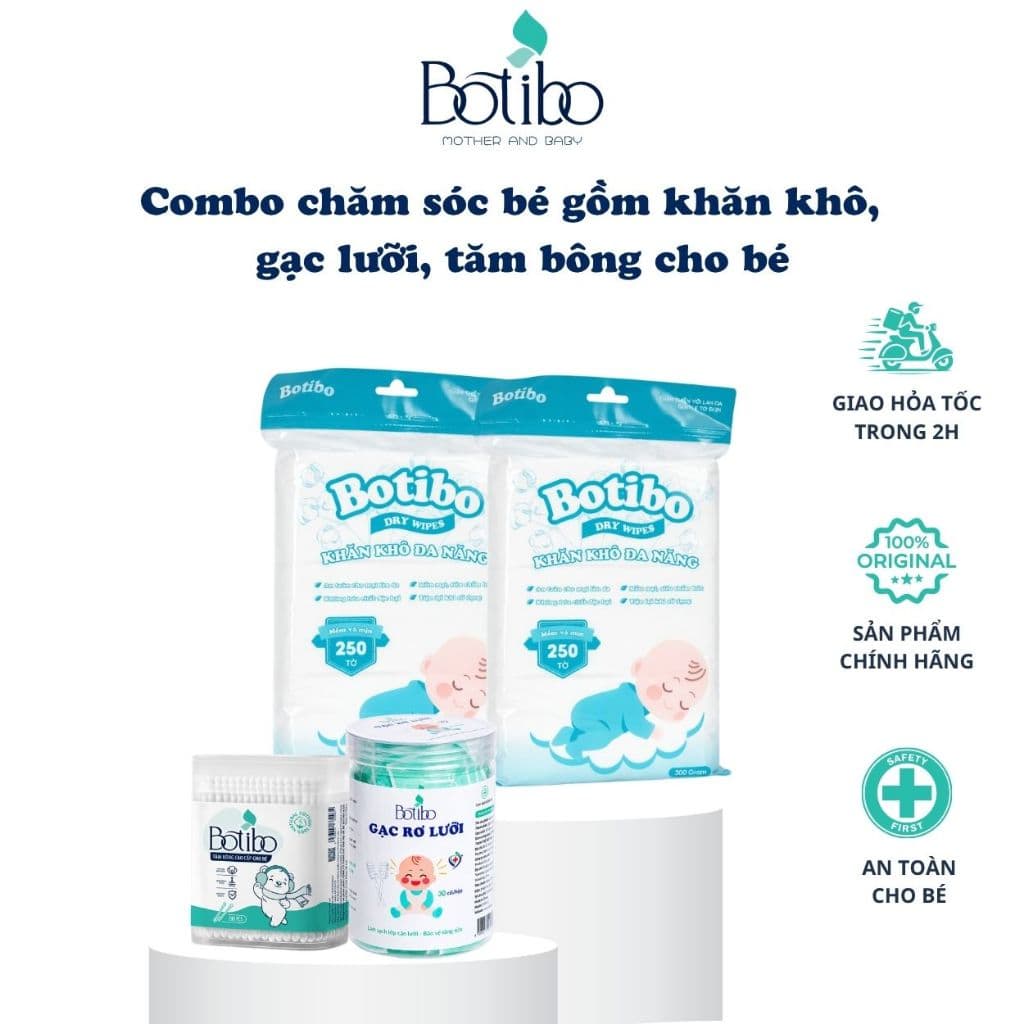 Combo Vệ Sinh Bé Yêu - 2 Khăn Khô Đa Năng + Rơ Lưỡi Cho Bé + Tăm Bông 200 Que Botibo kids