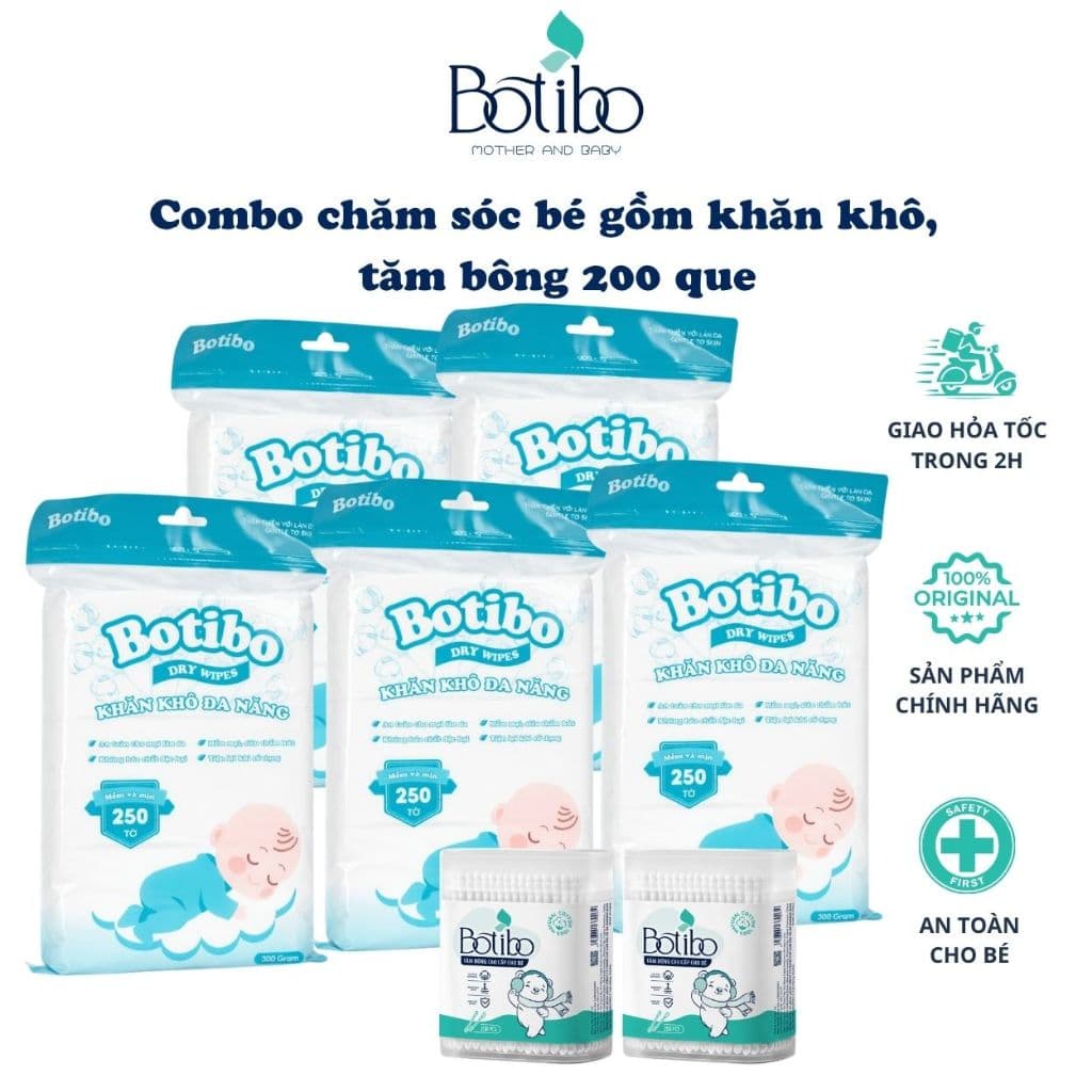 Combo Vệ Sinh Hằng Ngày Cho Bé Botibo Kids - 5 Khăn Khô Đa Năng, 2 Hộp Tăm Bông 200 Que