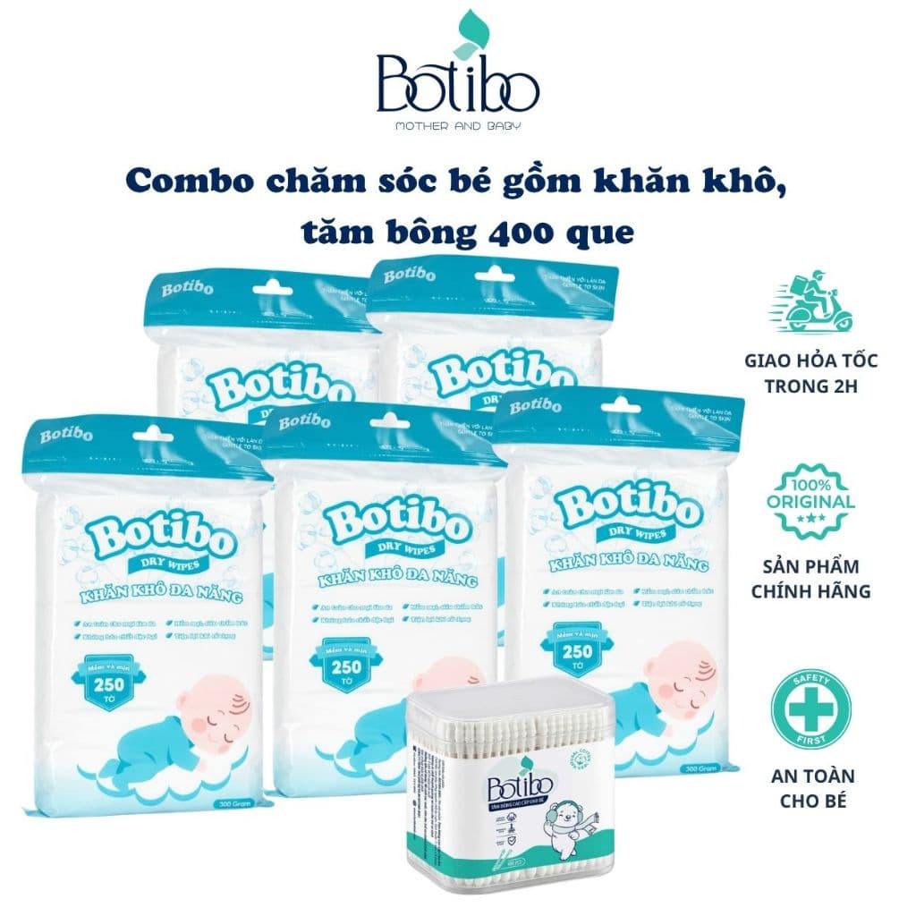 Combo Vệ Sinh Hằng Ngày Cho Bé Botibo Kids - 5 Khăn Khô Đa Năng, 1 Hộp Tăm Bông 400 Que