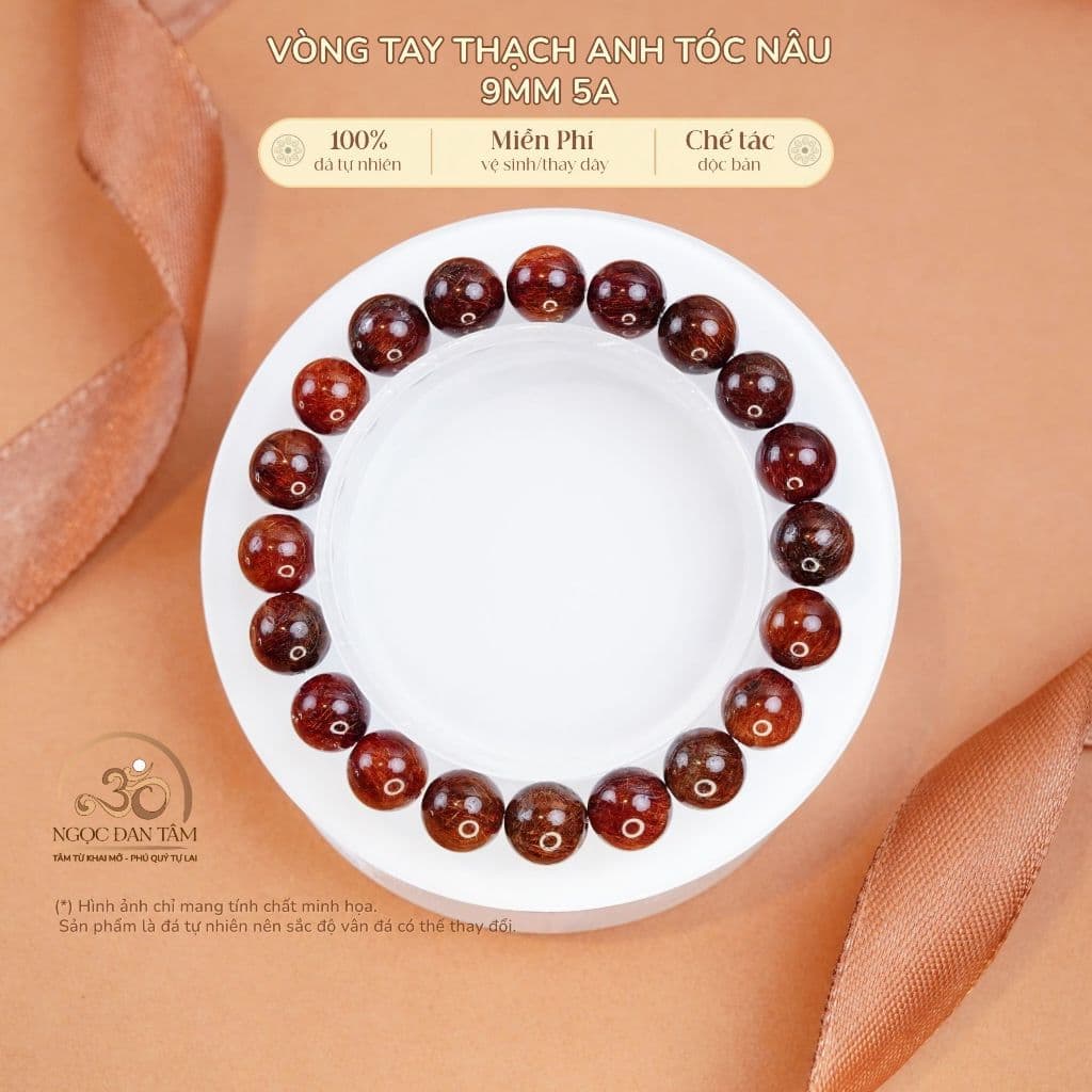 Ngọc Đan Tâm - Vòng Tay Thạch Anh Tóc Nâu 9mm 5A - Mệnh Thổ - Mệnh Kim