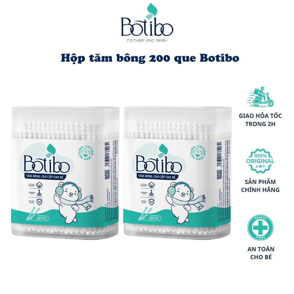 (Combo 2) Tăm bông trẻ em Botibo kids kháng khuẩn ( hộp 200 que lõi giấy) cho bé sơ sinh ngoáy tai, mũi BOTIBO KIDS