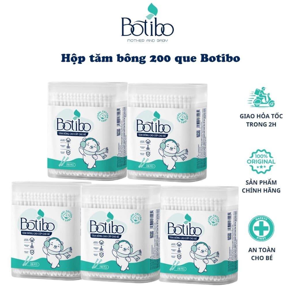 (Combo 5) Tăm bông trẻ em Botibo kids kháng khuẩn ( hộp 200 que lõi giấy) cho bé sơ sinh ngoáy tai, mũi BOTIBO KIDS