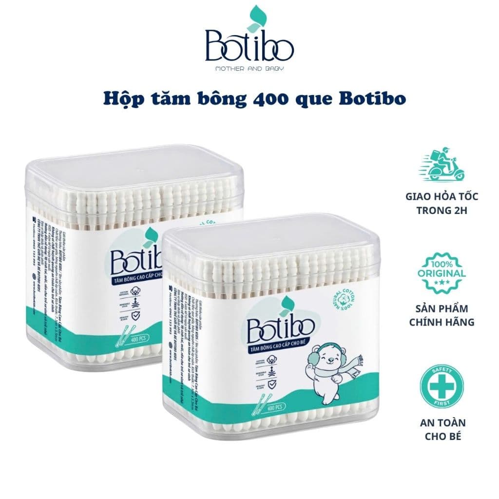 (Combo 2) Tăm bông trẻ em Botibo kids kháng khuẩn ( hộp 400 que lõi giấy) cho bé sơ sinh ngoáy tai, mũi BOTIBO KIDS