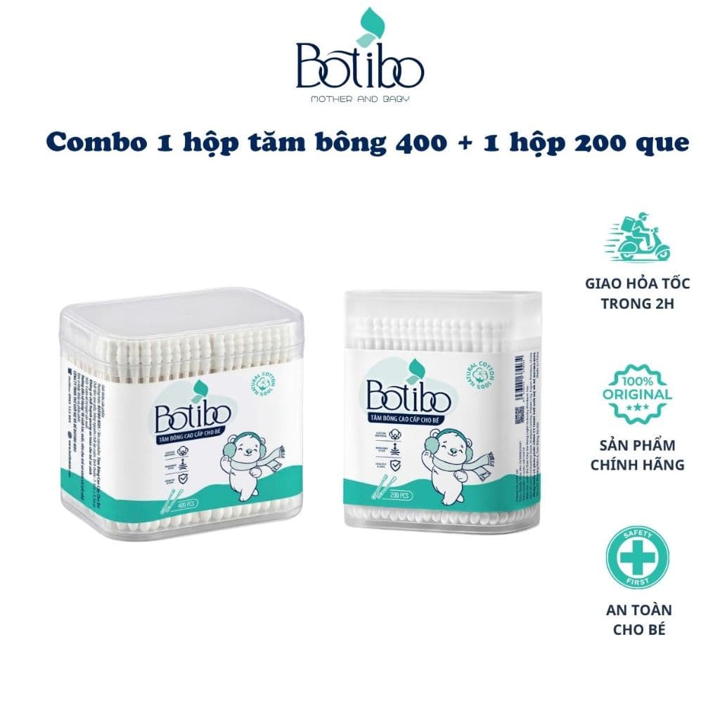 (Combo tăm 400 que + 200 que) Tăm bông trẻ em Botibo kids kháng khuẩn cho bé sơ sinh ngoáy tai, mũi BOTIBO KIDS