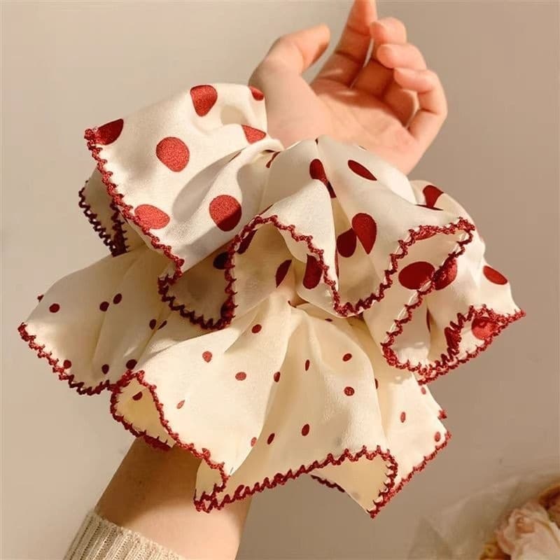 Dây Buộc Tóc Scrunchies Chấm Bi Đỏ Phong Cách Vintage Hàn Quốc Dây Cột Tóc Nữ Bản To