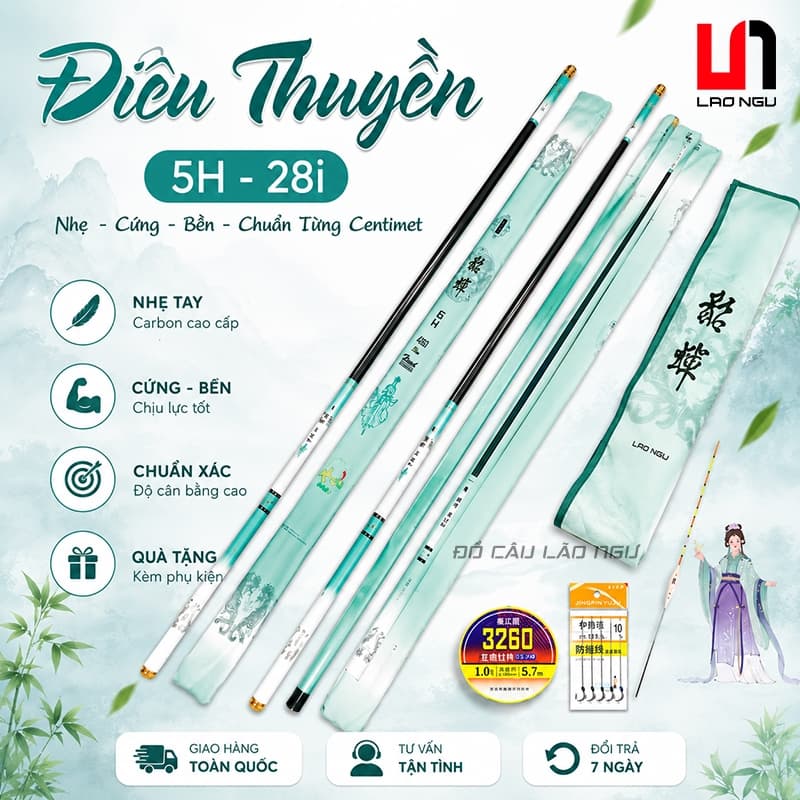 Cần câu tay Điêu Thuyền 5H phân bổ lực 28 siêu nhẹ đánh cảm giác Kèm ngọn phụ (Tặng trục, thẻo, phao)