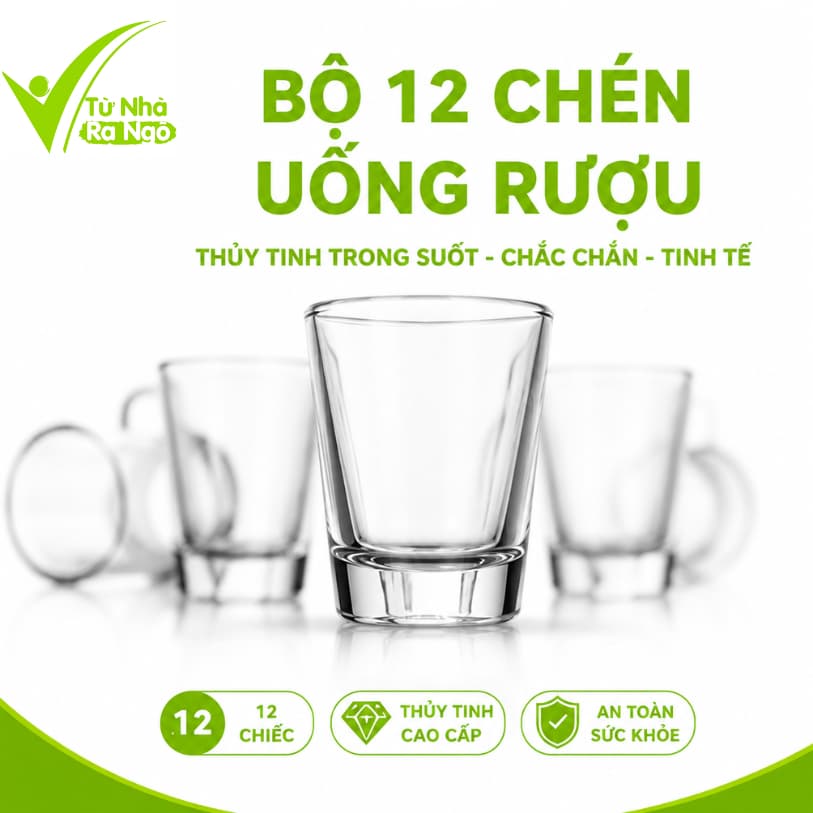 Bộ 12 Chén Uống R.ượ.u Thủy Tinh Cao Cấp GD156 - Set 12 Ly Rư.ợu Thủy Tinh Trong Suốt Dung Tích 30ml