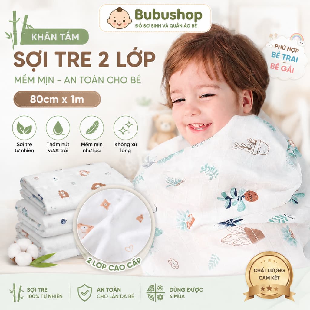 Khăn Tắm Sợi Tre 2 Lớp 80x100cm Cho Bé - Khăn Bamboo Mềm Mịn Không Xù Lông, Thấm Hút Tốt, Khăn Quấn Sơ Sinh Bé Trai Bé G