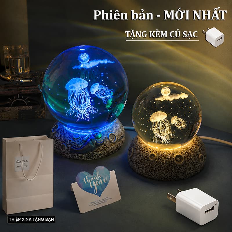 🔮 Đèn Ngủ Quả Cầu Pha Lê Sứa Phát Sáng 3D LED – Đèn Trang Trí Để Bàn, Quà Tặng Sinh Nhật, Tặng Kèm Củ Sạc + Túi Quà