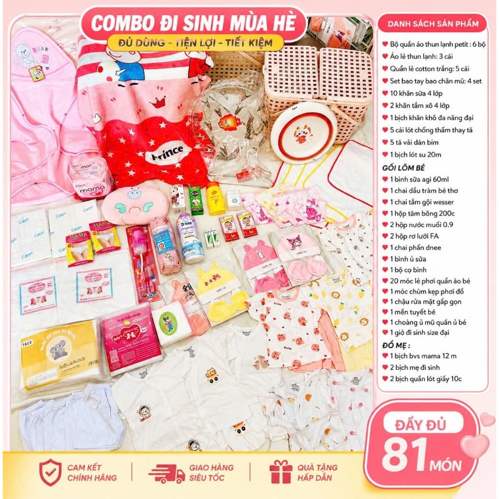 Combo Đi Sinh 81 Món Cho Mẹ Và Bé - Đầy Đủ Đồ Sơ Sinh, Tiết Kiệm BUBU018