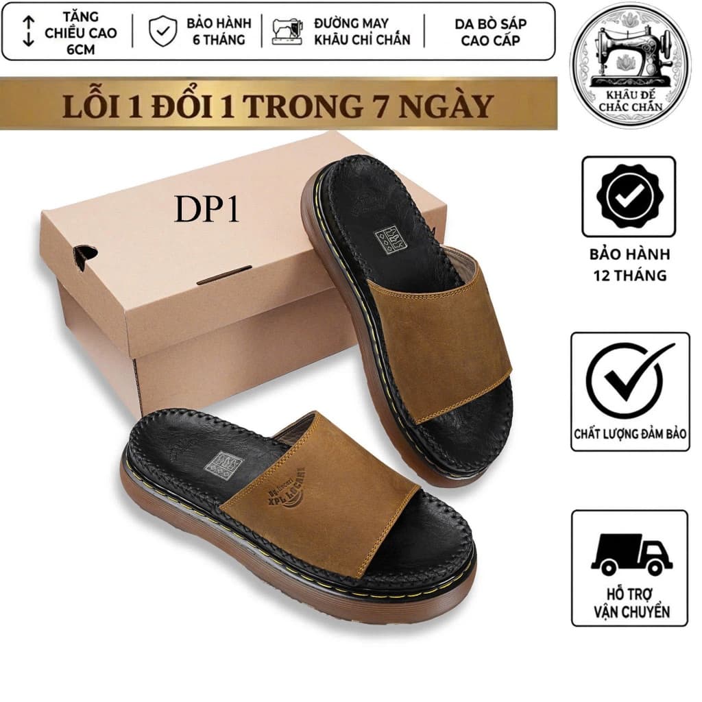 Dép quai ngang doctor cao 6cm da bò sáp thời trang 2026 đế khâu chắc chắn giúp tăng chiều cao sang trọng lịch sự DP1