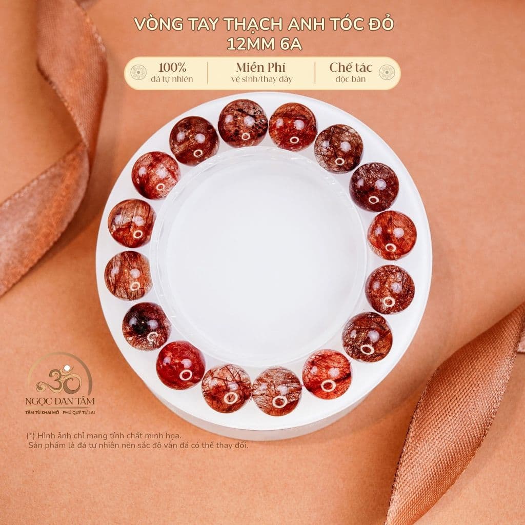 Ngọc Đan Tâm - Vòng Tay Thạch Anh Tóc Đỏ 12mm 6A - Vân Hoa Đỏ - Mệnh Hoả - Mệnh Thổ