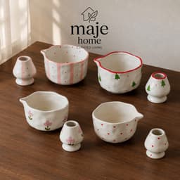 Set bộ pha matcha 2 món gồm bát chawan gốm sứ có vòi rót và đế để chasen đựng chổi đánh trà - Majehome 1