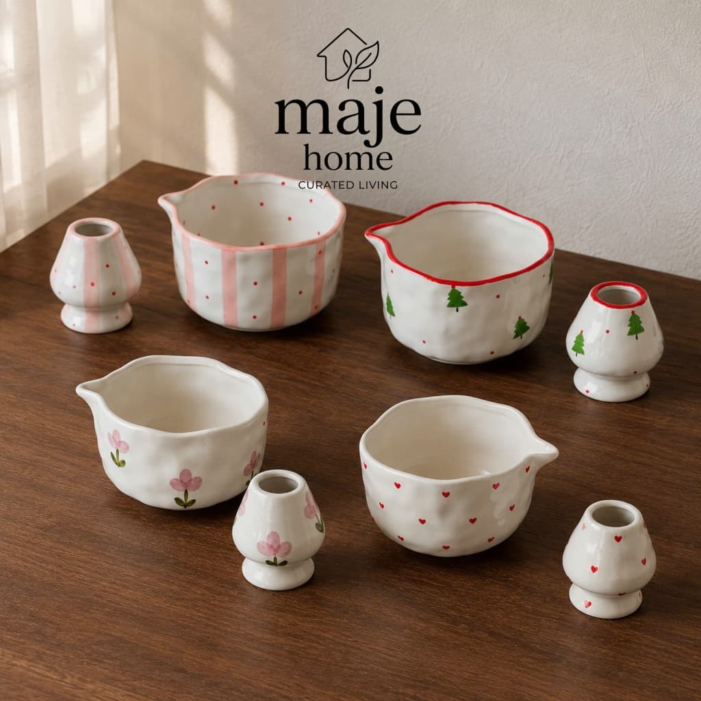 Set bộ pha matcha 2 món gồm bát chawan gốm sứ có vòi rót và đế để chasen đựng chổi đánh trà - Majehome