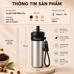 Bình giữ nhiệt Milky Tea inox 316L Phủ Sứ, Ly giữ nhiệt Fan House 700ml, ống hút trà sữa trân châu 2