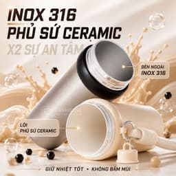 Bình giữ nhiệt Milky Tea inox 316L Phủ Sứ, Ly giữ nhiệt Fan House 700ml, ống hút trà sữa trân châu 3