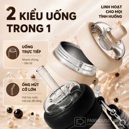 Bình giữ nhiệt Milky Tea inox 316L Phủ Sứ, Ly giữ nhiệt Fan House 700ml, ống hút trà sữa trân châu 4