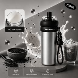 Bình giữ nhiệt Milky Tea inox 316L Phủ Sứ, Ly giữ nhiệt Fan House 700ml, ống hút trà sữa trân châu 8