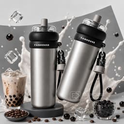 Bình giữ nhiệt Milky Tea inox 316L Phủ Sứ, Ly giữ nhiệt Fan House 700ml, ống hút trà sữa trân châu 6