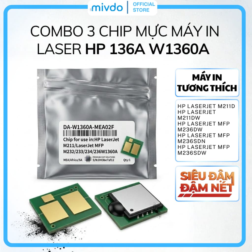 Combo 3 Chip Hộp Mực HP 136A W1360A Cho M211D M211DW M236DW M236SDW Nhận Mực Nhanh Ổn Định Dễ Lắp