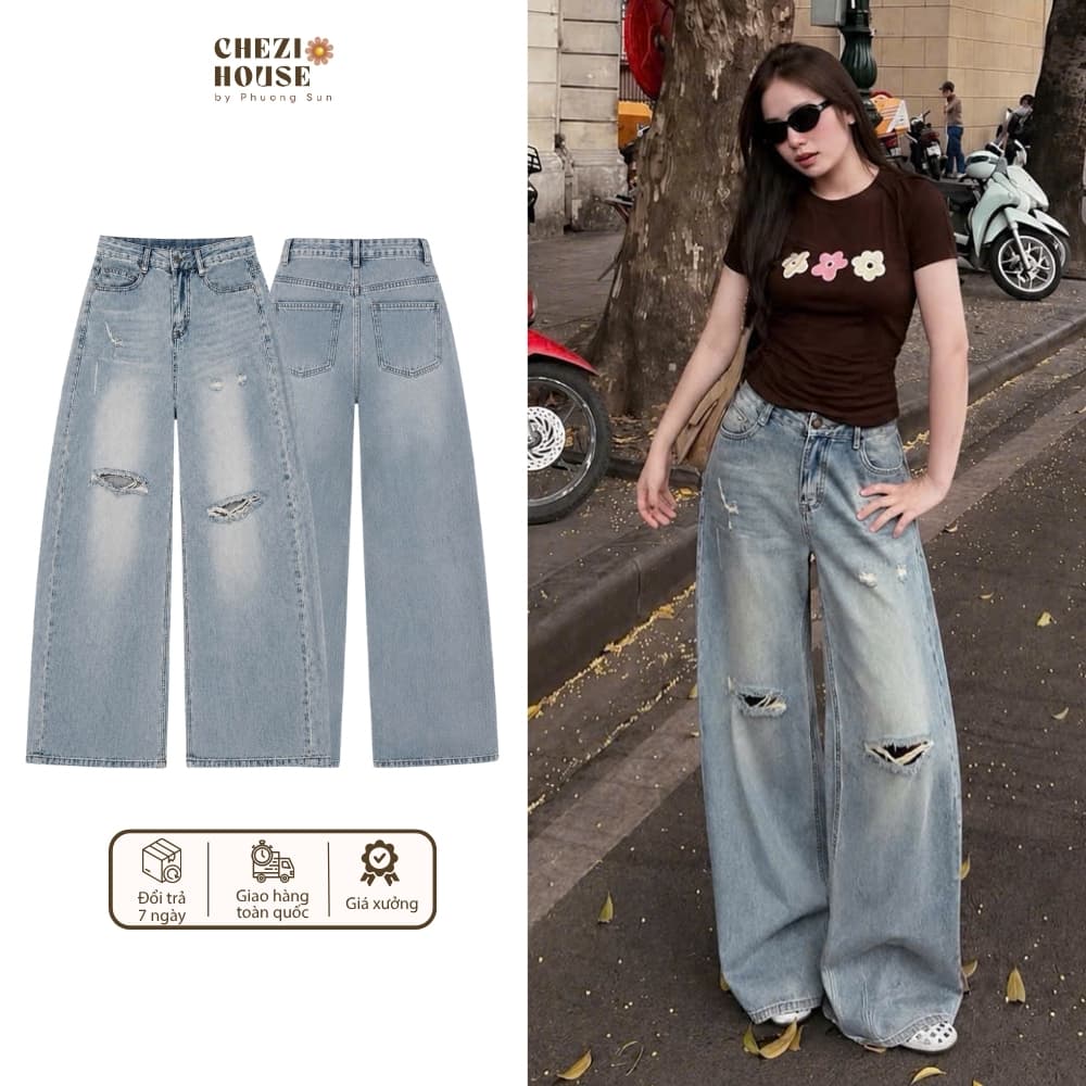 Quần Jean Nữ Suông CHEZI HOUSE Wash Rách Nhẹ Xanh Ánh Mài Vải Jean Mềm Dài 102cm Cao Cấp  #8660 Phom Ống rộng Hack Dáng.