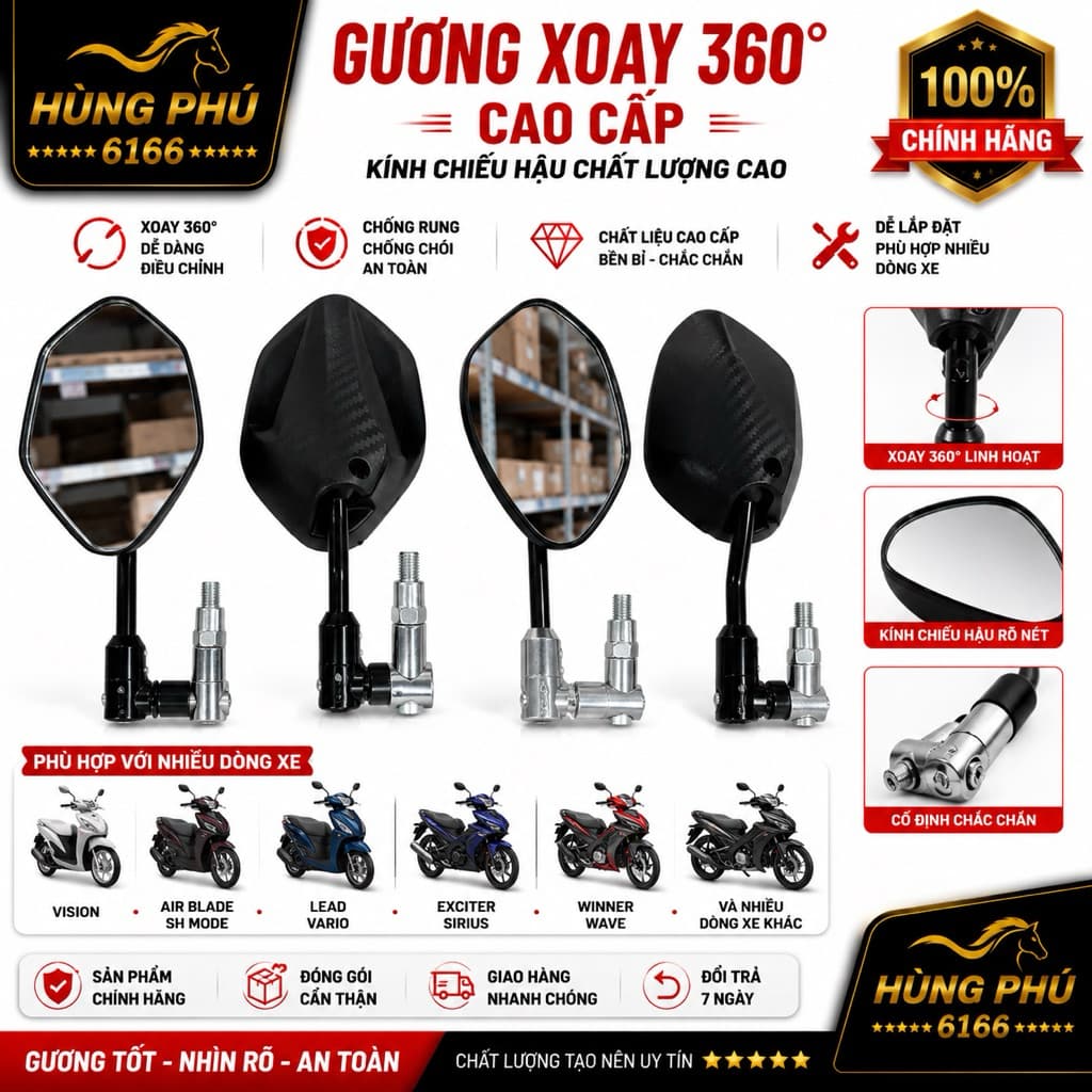 Gương chiếu hậu chân xoay 360 gấp gọn. kèm ốc chân gương