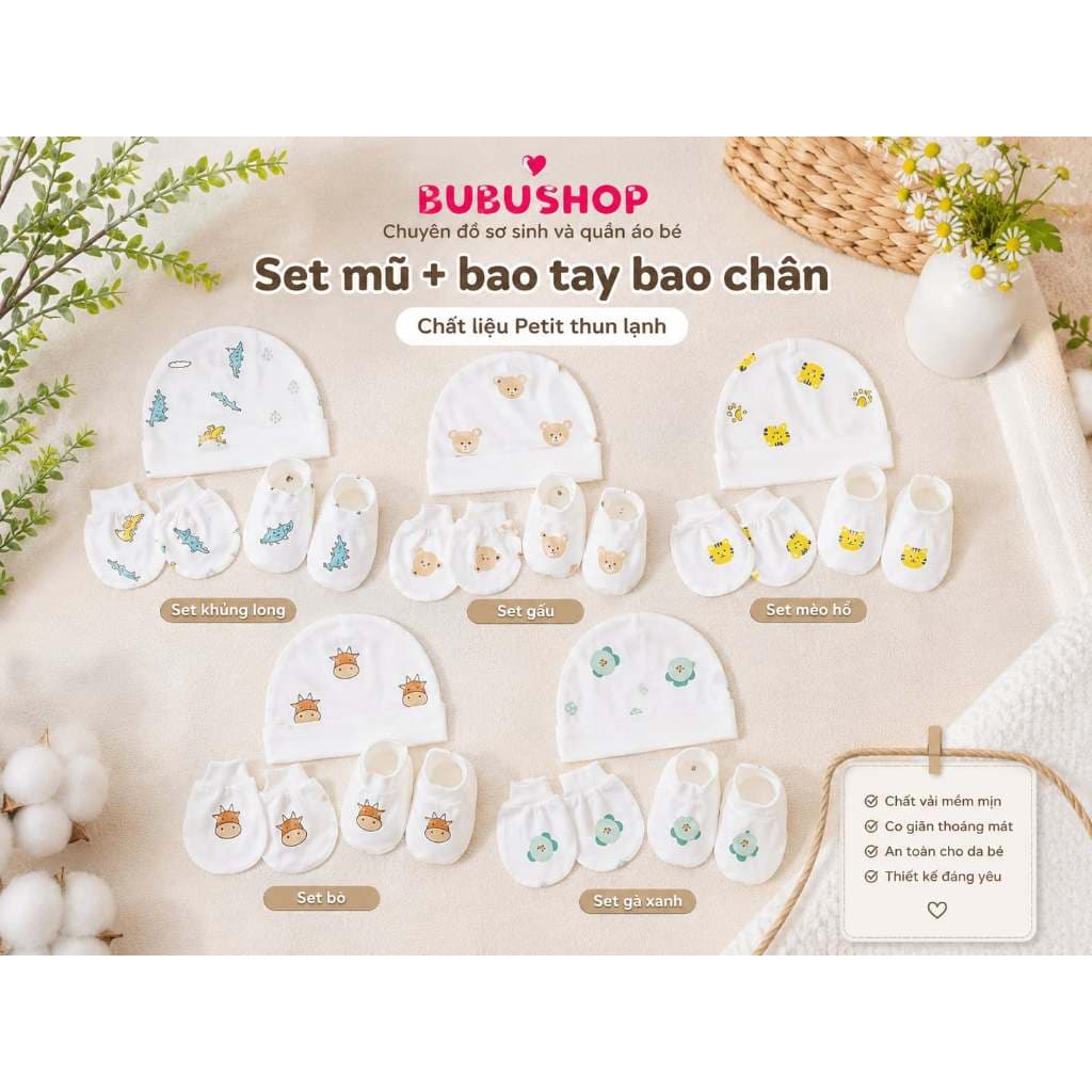 Set 3 / Set 5 Mũ Bao Tay Bao Chân Sơ Sinh Petit Thun Lạnh Bubushop - Mềm Mát, Co Giãn, Cho Bé 0-6 Tháng