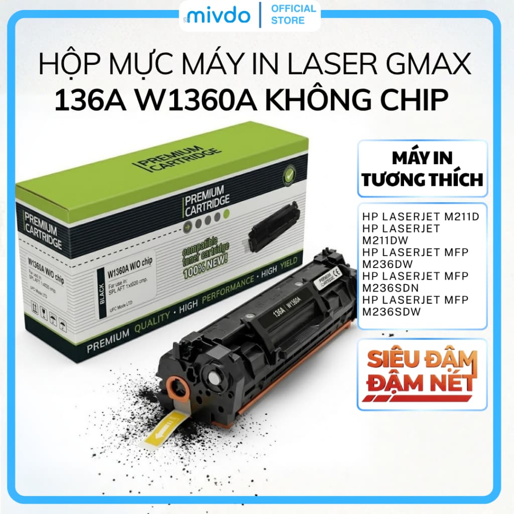 Hộp Mực Máy In Laser HP 136A W1360A Gmax Không Chip Dùng Cho M211DW M236DW M236SDW Sắc Nét Dễ Lắp