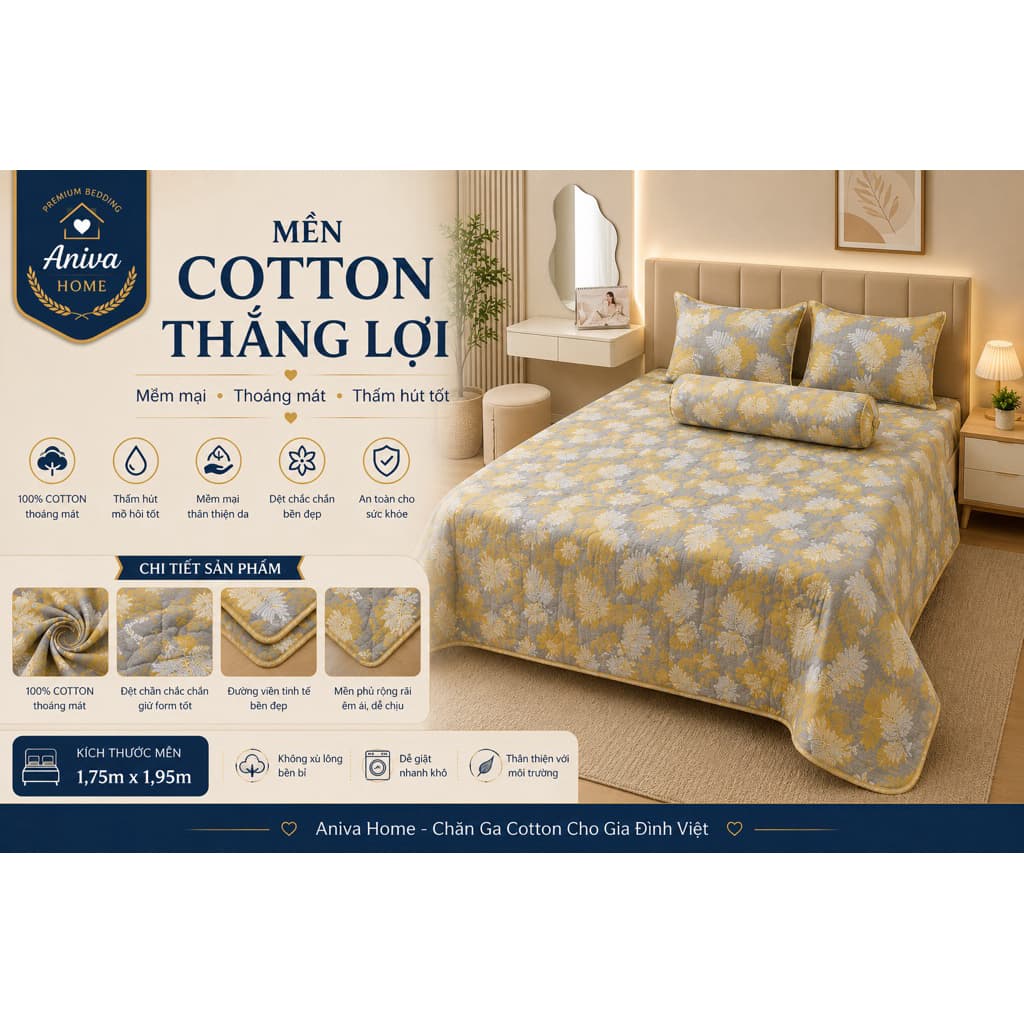 Bộ Chăn Ga Gối Cotton Thắng Lợi 5 Món 2mx2m2 Aniva Home - Ga Bọc Nệm Cotton Mềm Mịn, Thoải Mái