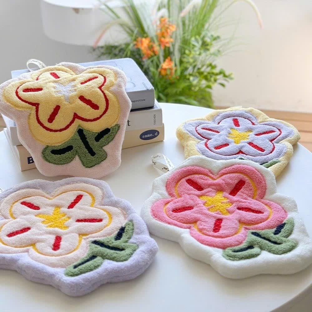 COMBO 4 Khăn lau tay bông san hô nhà bếp hình hoa nổi 3D - khăn lau tay có móc treo dễ thương, thấm hút tốt