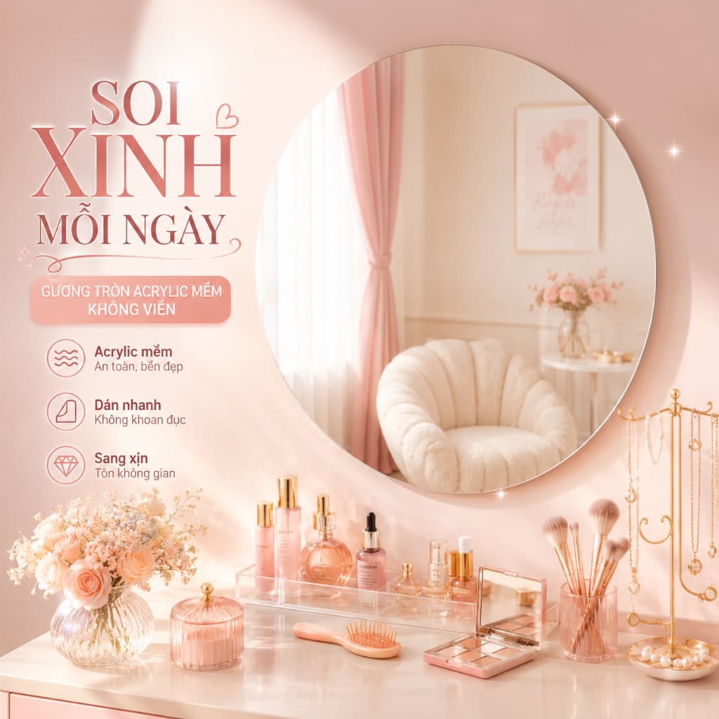 Gương Tròn Acrylic Mềm Dán Tường Chống Vỡ, Không Cần Khoan, Gương Decor Phòng Tắm Phòng Ngủ