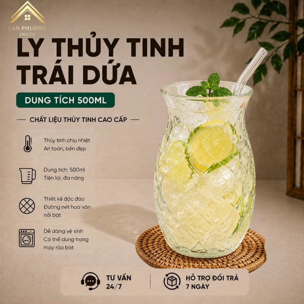 Ly thủy tinh trái dứa, uống trà sữa ,nước ép ,soda,sinh tố mã L010 -500ml