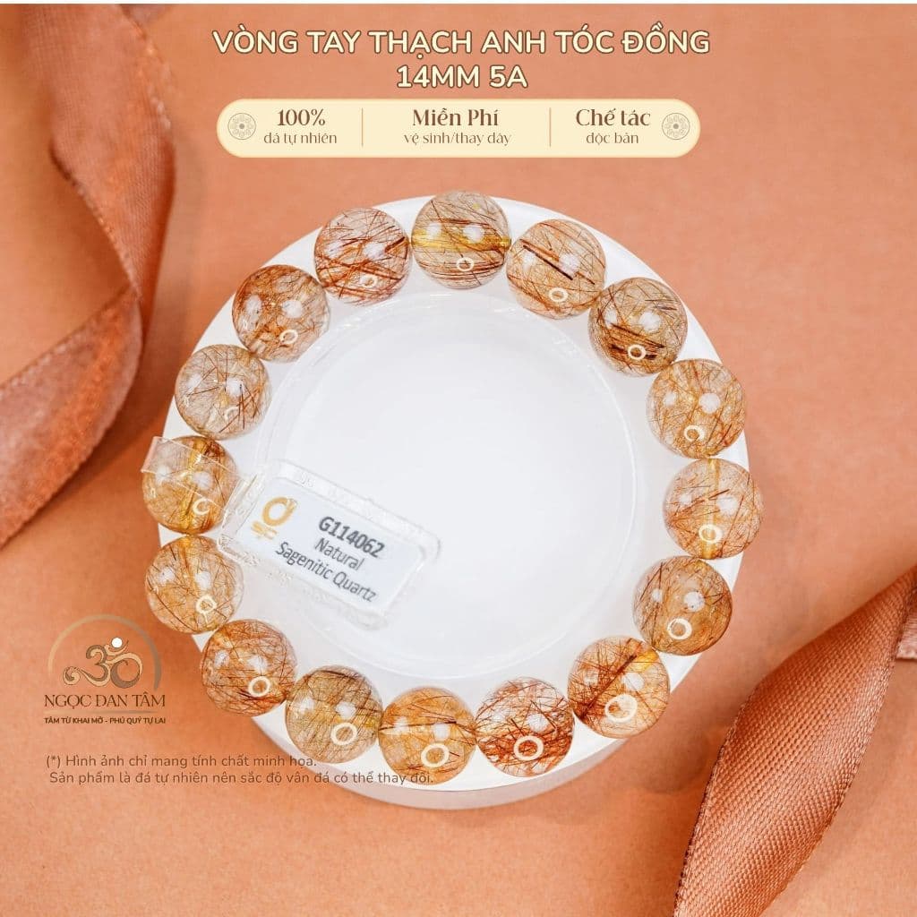 Ngọc Đan Tâm - Vòng Tay Thạch Anh Tóc Đồng 14mm 5A - Mệnh Thổ - Mệnh Kim