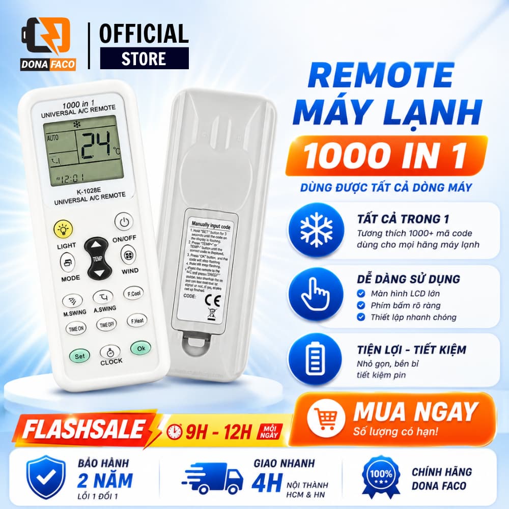 Remote máy lạnh đa năng K-1028E 1000 In 1 (Universal) chính hãng bảo hành 24 tháng