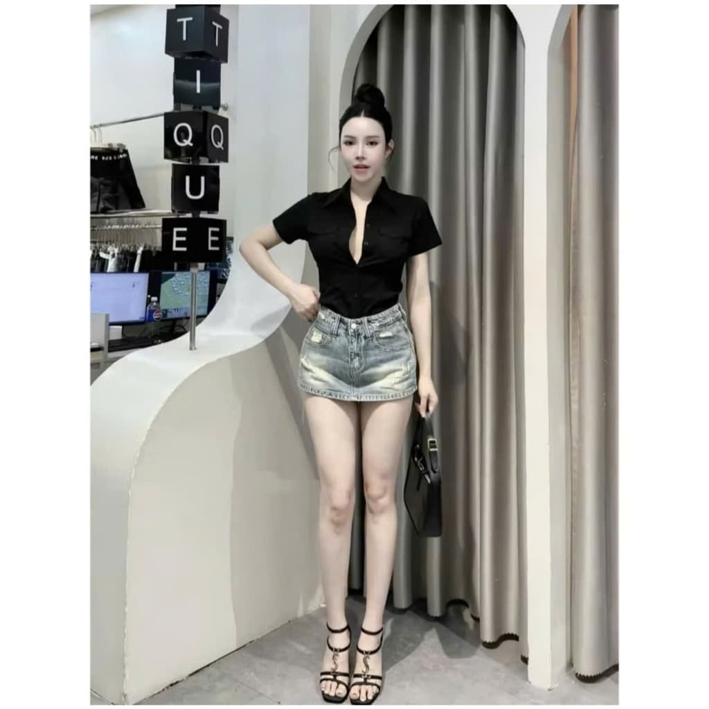 Chân Váy Jean Chữ A Nữ Có Quần Trong, Cạp Cao Phối Rách Nhẹ Tôn Dáng