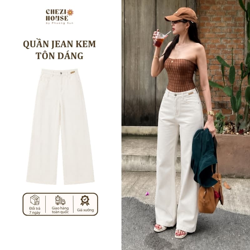 Quần Jean Nữ Ống Suông Cạp Cao Màu Kem, Quần Bò Nữ Dáng Suông Vừa 2 Độ Dài 97cm/102cm Thanh Lịch #8501 8502 CHEZI HOUSE