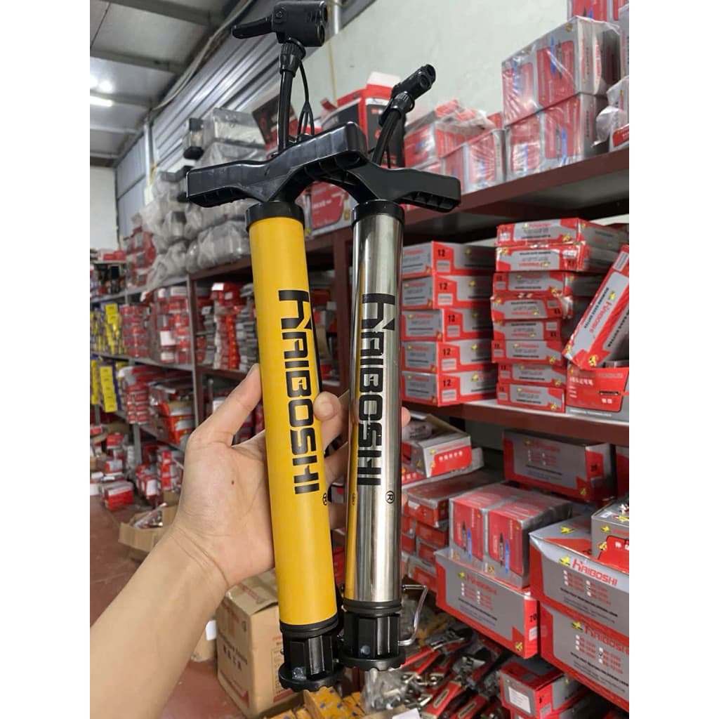 (Chính Hãng) Bơm xe đạp xe máy Haibaoshi inox xịn- hàng cao cấp nhỏ gọn, đầu bơm 3 chức năng