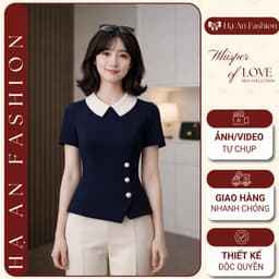 [VT250637] Set Công Sở Nữ Áo Cổ Sen Phối Cúc Ngọc Xanh Navy Quần Suông Trắng Dài Thanh Lịch Cao Cấp Tôn Dáng 1
