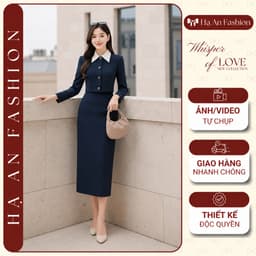 [VT251112] Set Bộ Công Sở Nữ Cao Cấp Áo Phối Cổ Trắng Chân Váy Dài Tôn Dáng Thanh Lịch 1