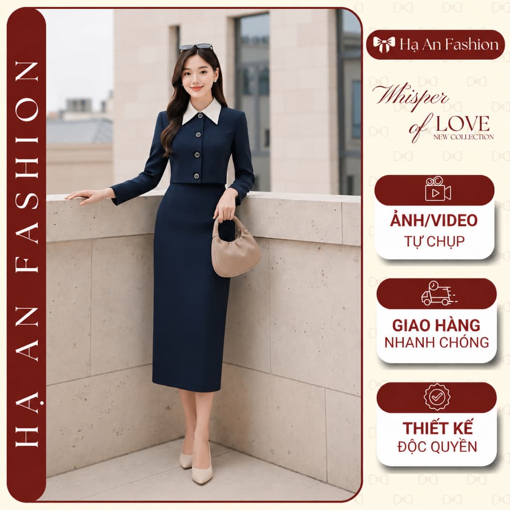 [VT251112] Set Bộ Công Sở Nữ Cao Cấp Áo Phối Cổ Trắng Chân Váy Dài Tôn Dáng Thanh Lịch