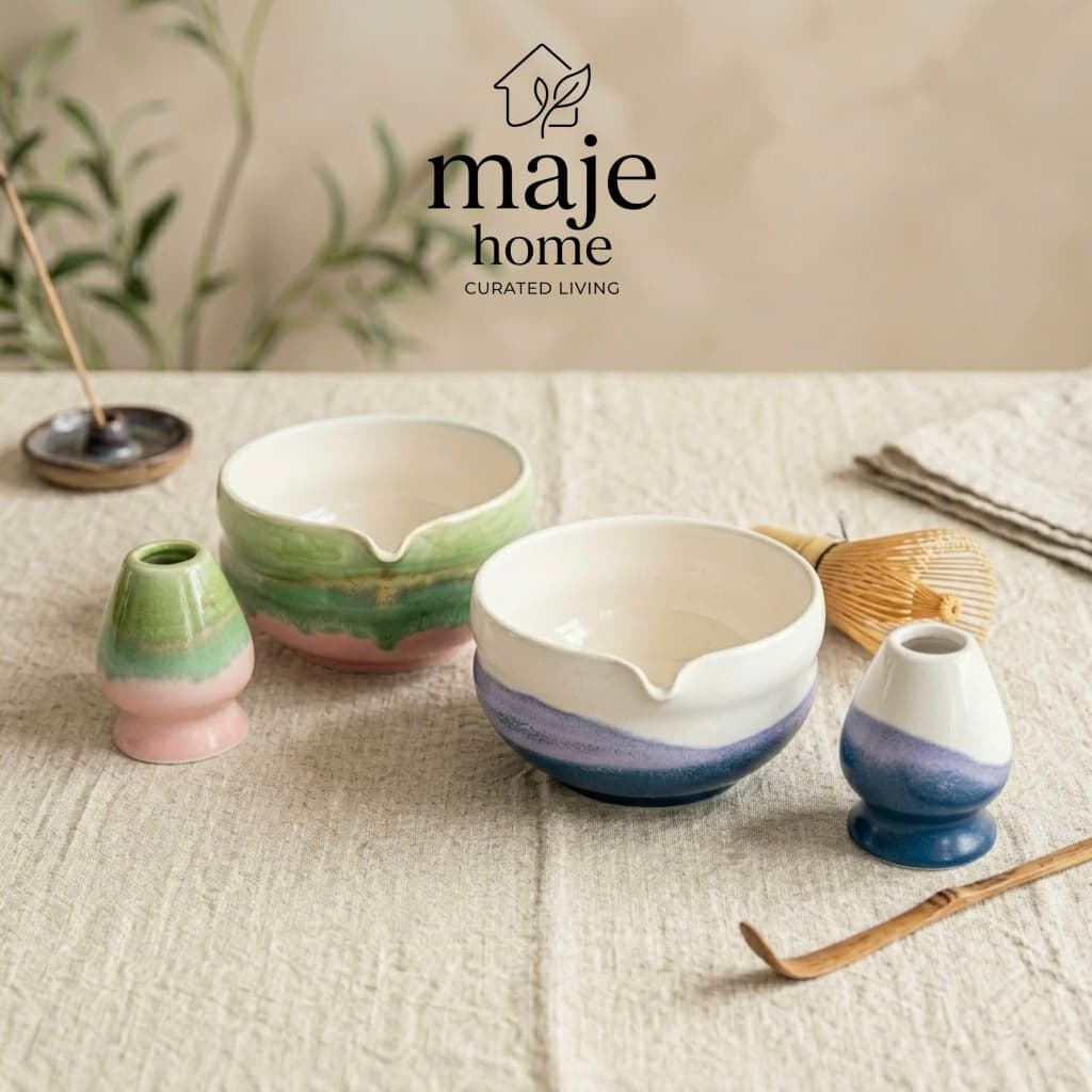 Bộ chawan và đế chasen gốm sứ pha matcha cao cấp. Bát đánh trà matcha phong cách Nhật Bản - Majehome
