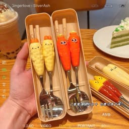 Bộ Thìa Dĩa Đũa Tập Ăn Cho Bé Inox Cao Cấp Họa Tiết Rau Củ Hoạt Hình Đáng yêu (Kèm Hộp Đựng) (aty) 2