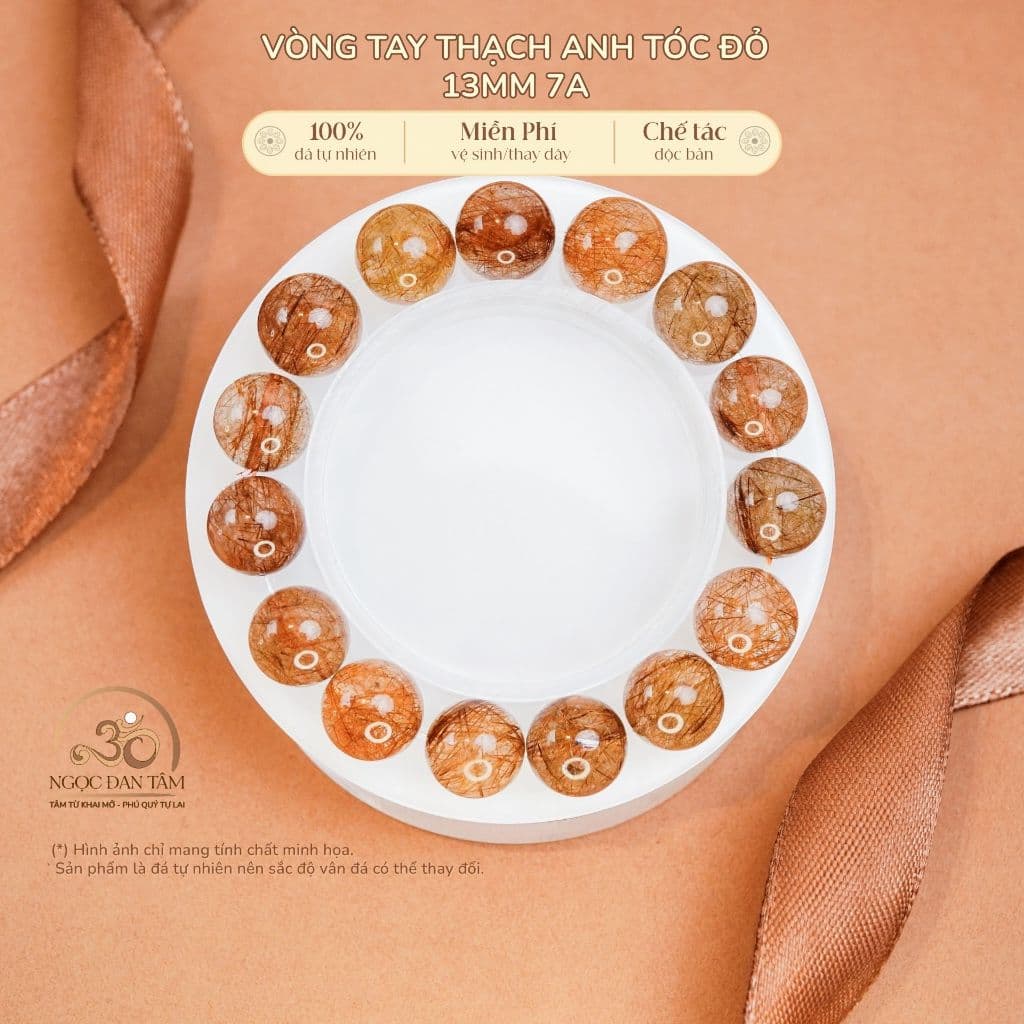Ngọc Đan Tâm - Vòng Tay Thạch Anh Tóc Đỏ 13mm 7A - Mệnh Hoả - Mệnh Thổ