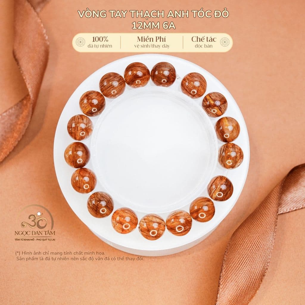 Ngọc Đan Tâm - Vòng Tay Thạch Anh Tóc Đỏ 12mm 6A - Vân Tóc Đỏ - Mệnh Hoả - Mệnh Thổ