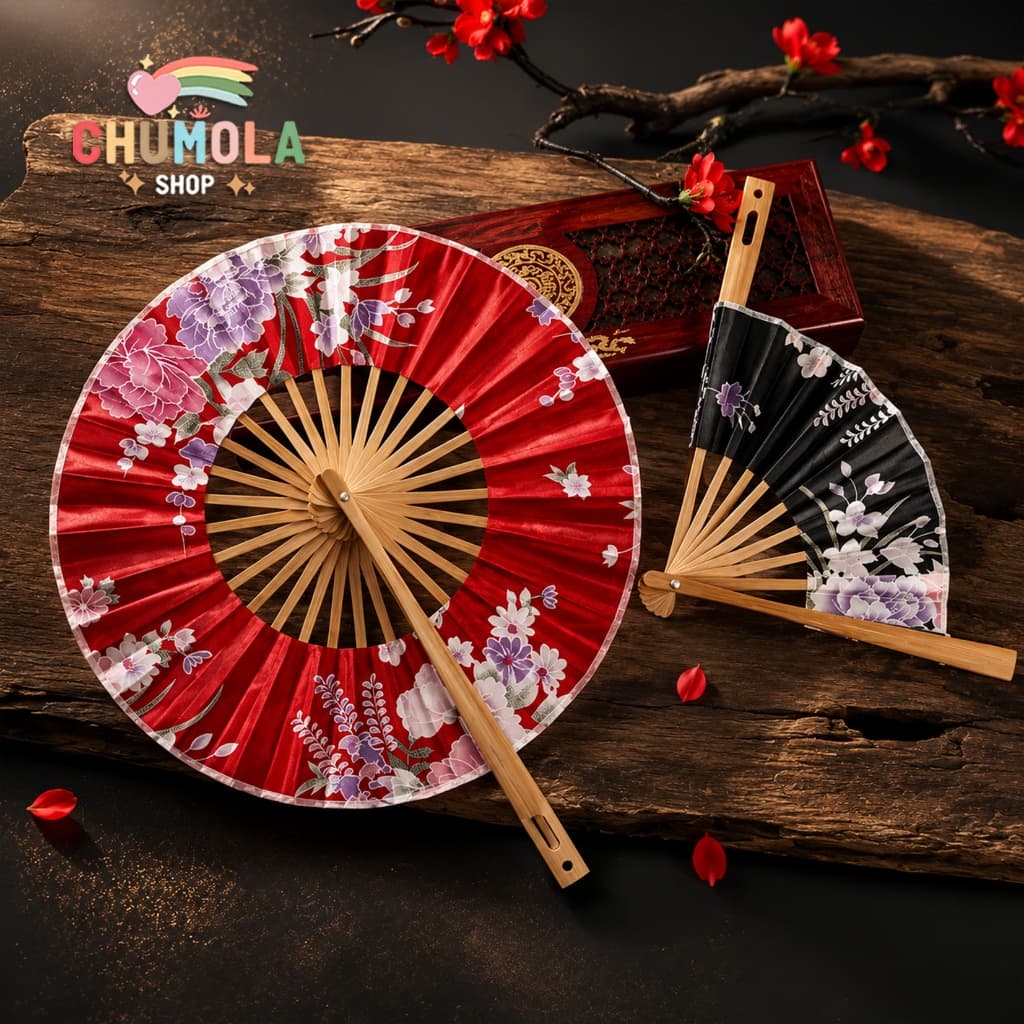 Quạt Xếp Tròn Cổ Phong Nan Gỗ - Quạt Gấp Gọn Vòng Tròn Họa Tiết Cổ Trang Trung Hoa Nhật Bẩn Cầm Tay