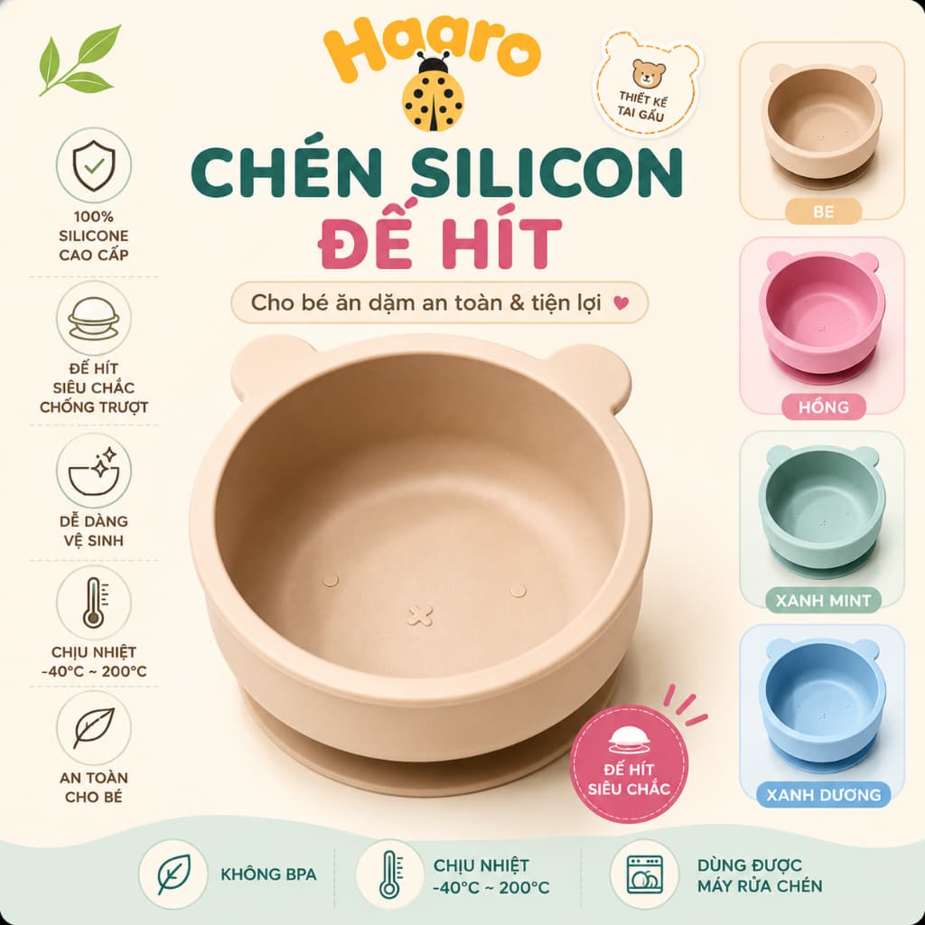 Chén/bát ăn dặm bằng silicon hình gấu có đế hít chống đổ cho bé