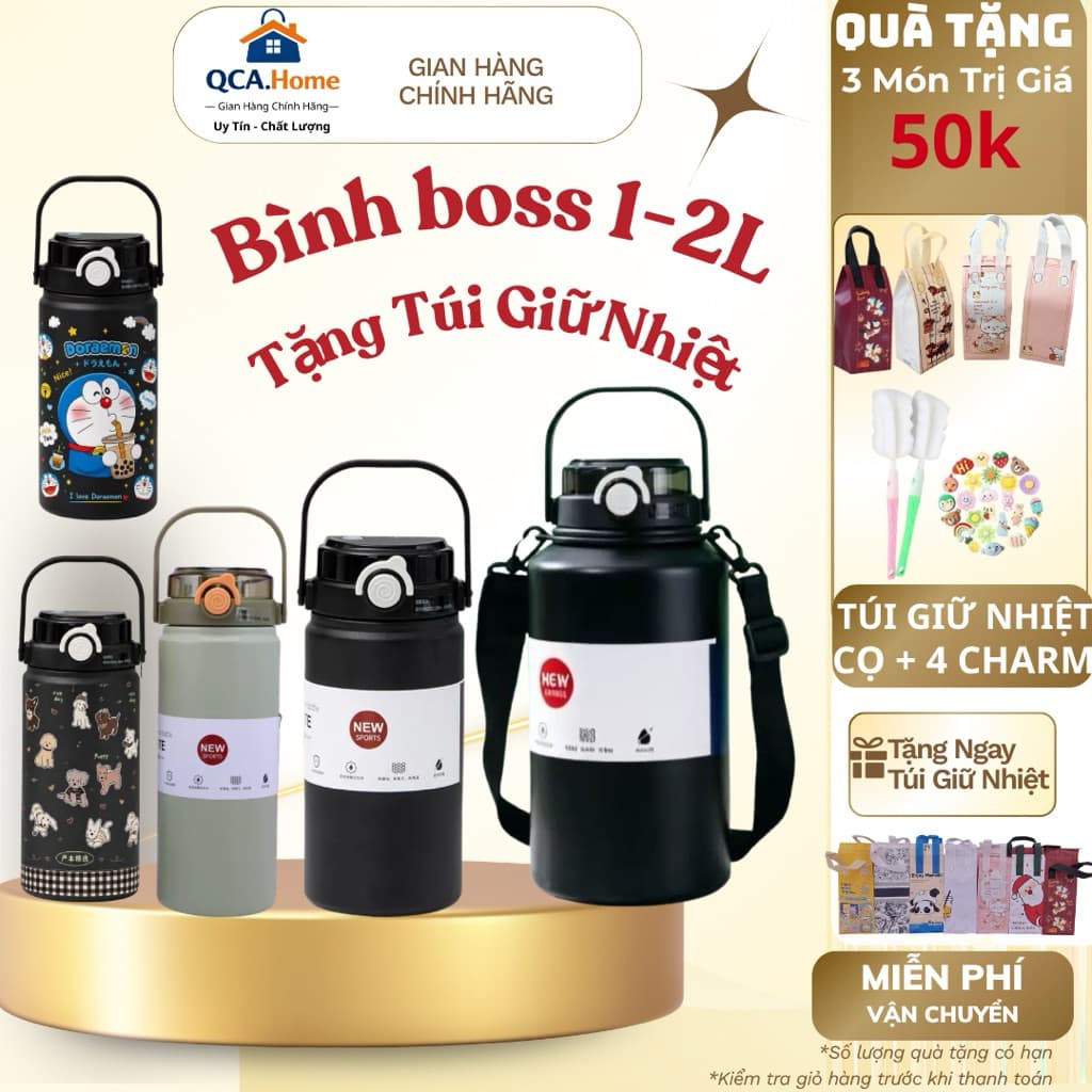[ HOT TẶNG TÚI GIỮ NHIỆT ]Bình giữ nhiệt Boss dung tích 1000ml inox 316 thiết kế đơn giản, màu sắc nhẹ nhàng có quai
