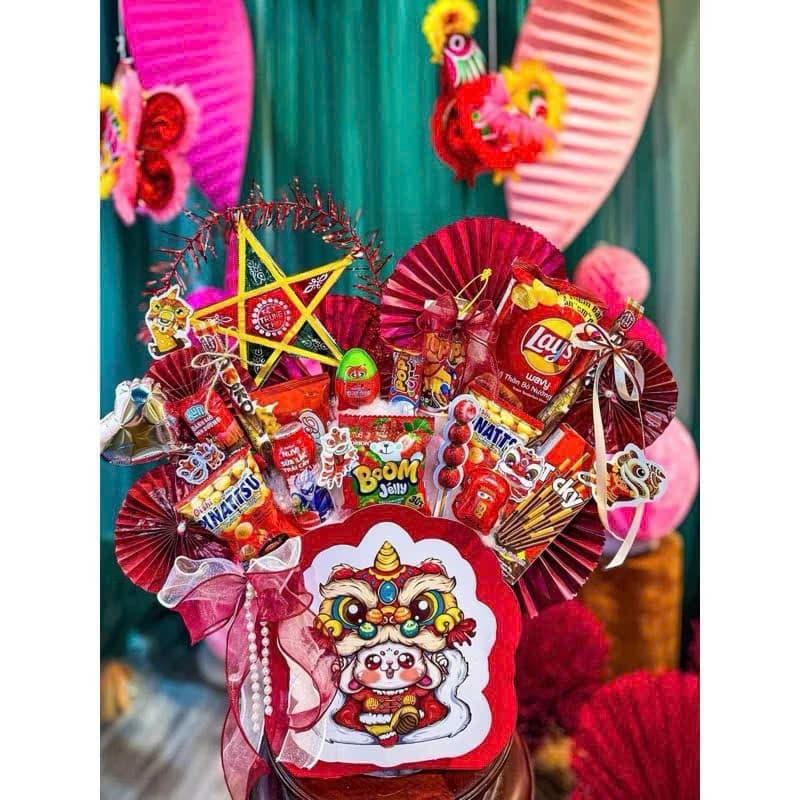Combo 2 sét hộp trụ hình mặt lân, nhình hăng nga trang trí giỏ quà, decor tết trung thu.
